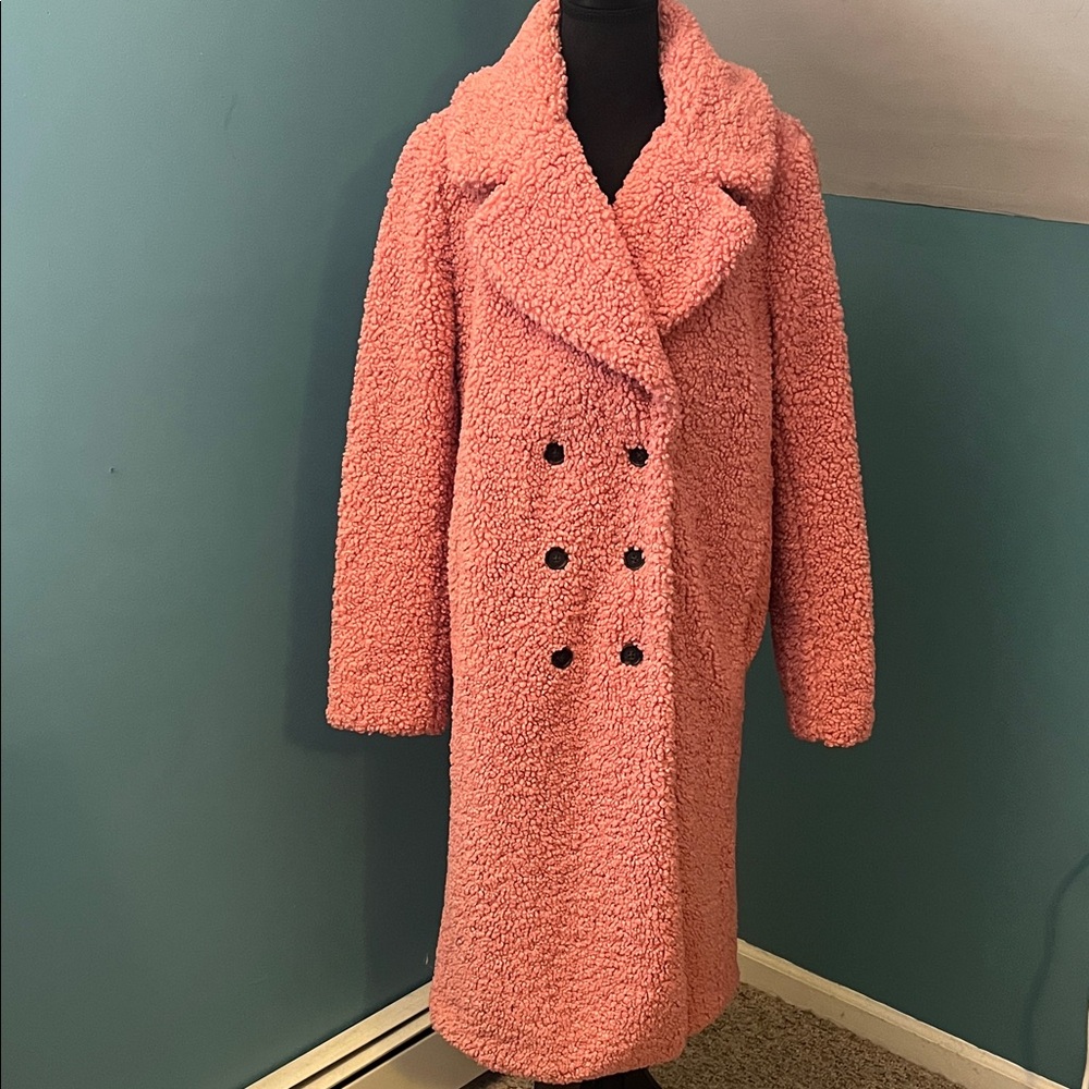 J Crew Pink Double-breasted Teddy Sherpa Topcoat Size Medium - Picture 2 of 16